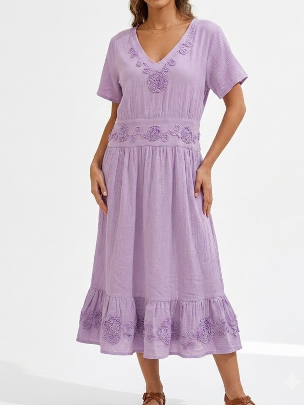 Only Necessities Soft Lavender V-Neck Embroidered Midi Dress